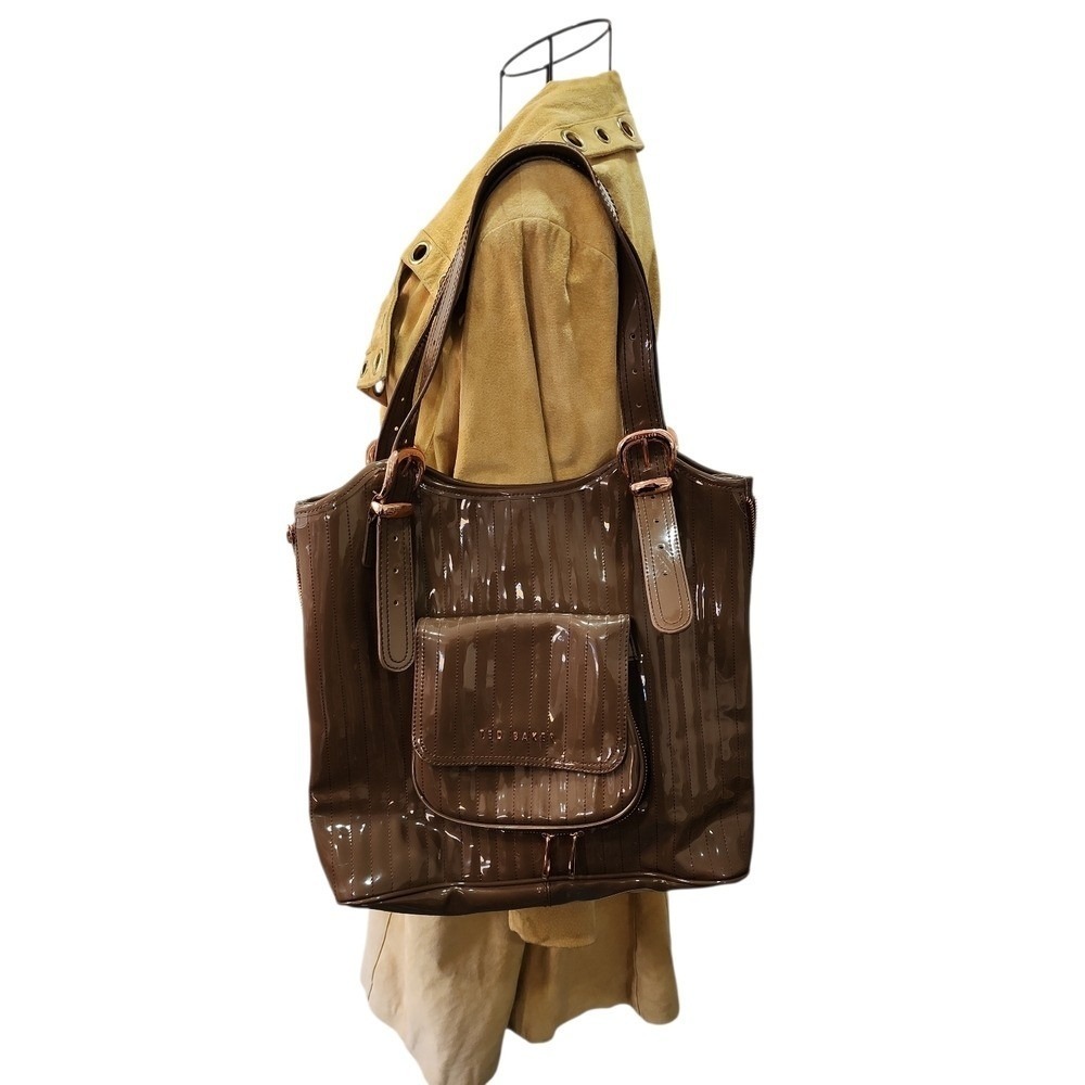 Ted Baker Tote Bag Womens Large Taupe Brown Patent Leather Designer Chic Luxury